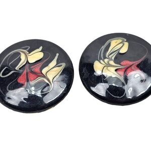 Vintage 80s Abstract Enamel Stud Earrings Black Red Cream Gold Tone 1.25"